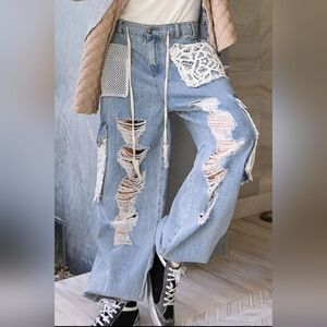 POL Light Blue Distressed Boyfriend Jeans with Lace Patches
